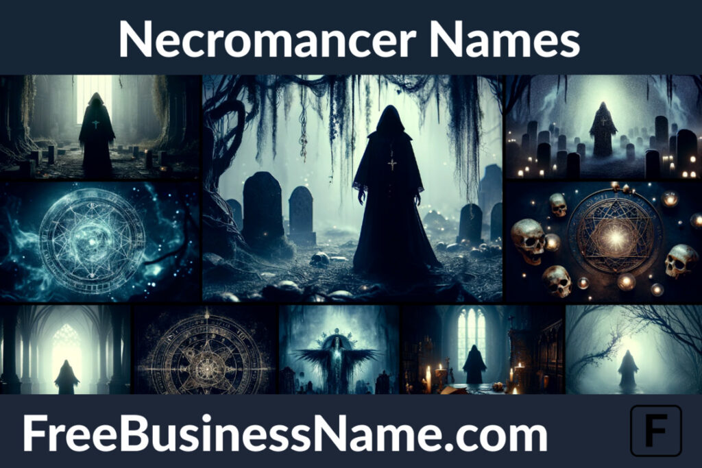 a cinematic image portraying the concept of 'Necromancer Names', featuring mystical and dark scenes that symbolize the arcane and ominous nature of necromancers.