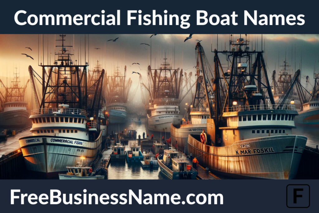 a cinematic image depicting a commercial fishing harbor at dawn, with large fishing boats displaying their bold and professional names, set against the backdrop of a bustling harbor scene.