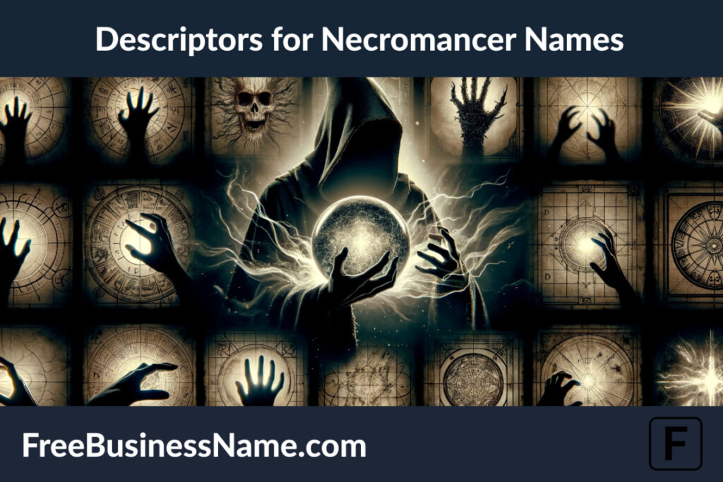 a cinematic image focusing on the descriptors for necromancer names, featuring elements that symbolize mystery, dark power, and arcane knowledge, embodying the essence of necromancers.