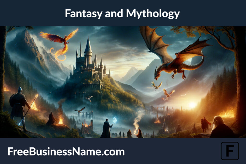 a cinematic image that captures the wonder, magic, and epic scale of fantasy and mythology, featuring elements from both worlds in a vivid and imaginative setting.