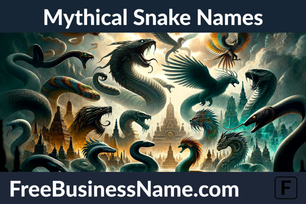 a cinematic image depicting various mythical snakes, each showcased in a dramatic and fantastical setting that highlights their legendary and mystical attributes.