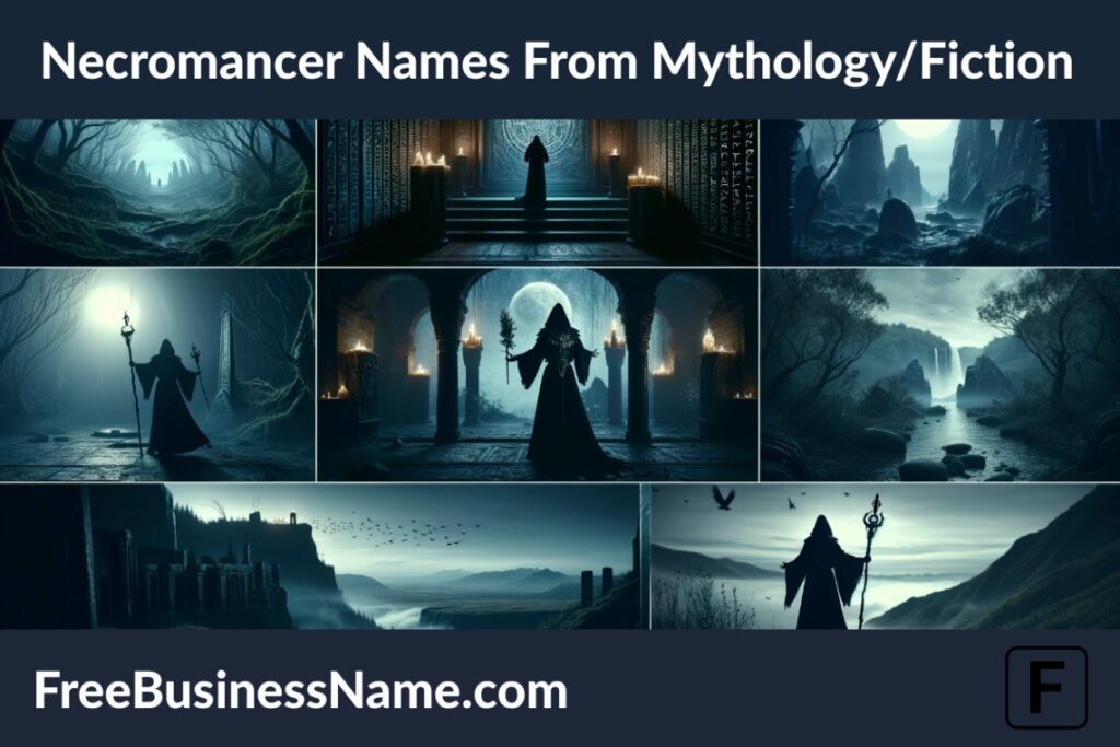 a cinematic image depicting necromancers from mythology and fiction, capturing their powerful, mysterious, and otherworldly nature in various mystical settings.