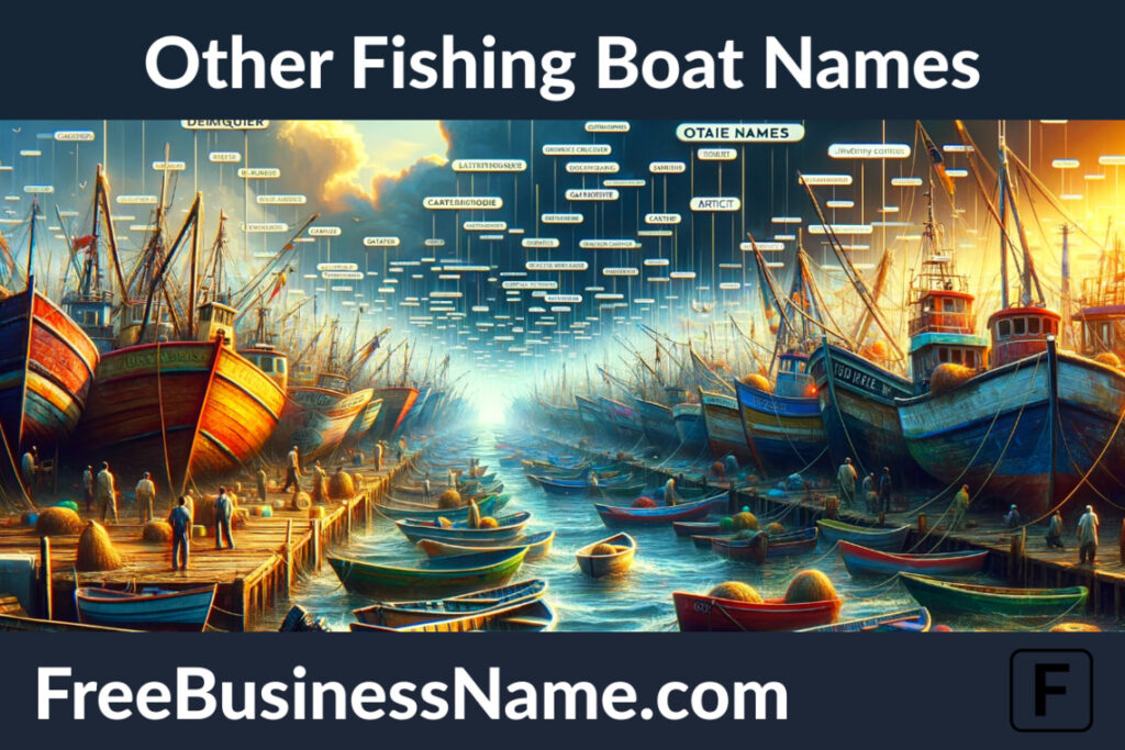 cinematic image showcasing a variety of fishing boats with unique and diverse names, set against a lively and colorful fishing dock scene.