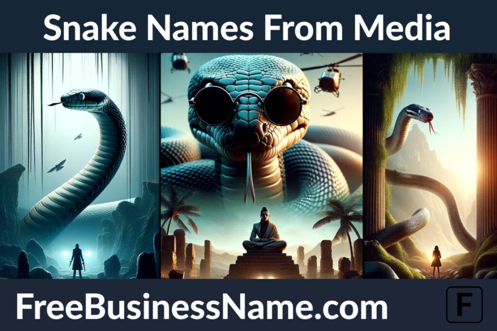 a cinematic image depicting snakes in scenarios that subtly hint at their association with famous media characters or themes, capturing the essence and spirit of these media-inspired snake personas.