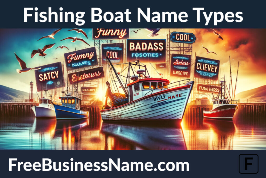 A cinematic collage representing different types of fishing boat names. The image shows a variety of fishing boats, each with a unique name painted on