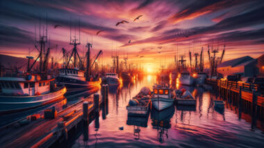 a cinematic image depicting a harbor with various fishing boats at sunset. The scene captures the vibrant colors of the evening sky reflecting off the calm water, creating a peaceful yet lively atmosphere.