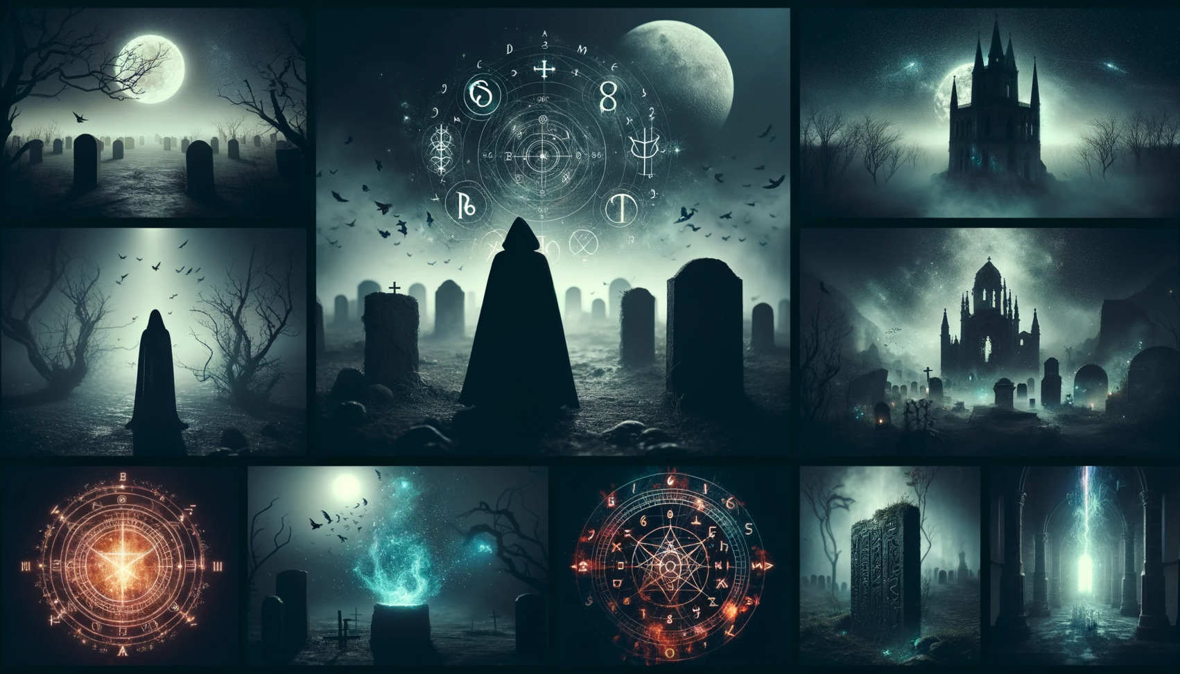 a cinematic image capturing the dark and mystical essence associated with the concept of 'necromancer names', featuring elements like a foggy graveyard, ethereal lights, and a decrepit castle under a moonlit sky.