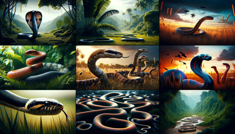 a cinematic image showcasing the beauty and diversity of various snakes in their natural habitats, focusing on their unique characteristics and environments.