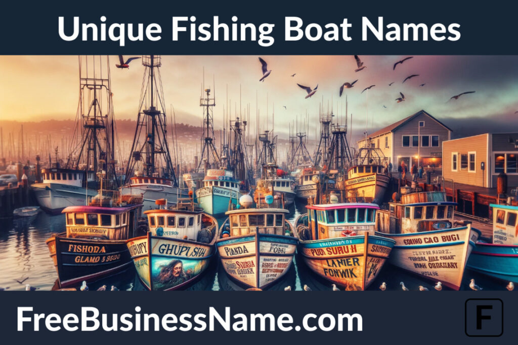 a cinematic image showcasing a harbor scene with fishing boats, each featuring unique and creatively painted names. The atmosphere is vivid and engaging, capturing the lively dock scene and picturesque sunset.