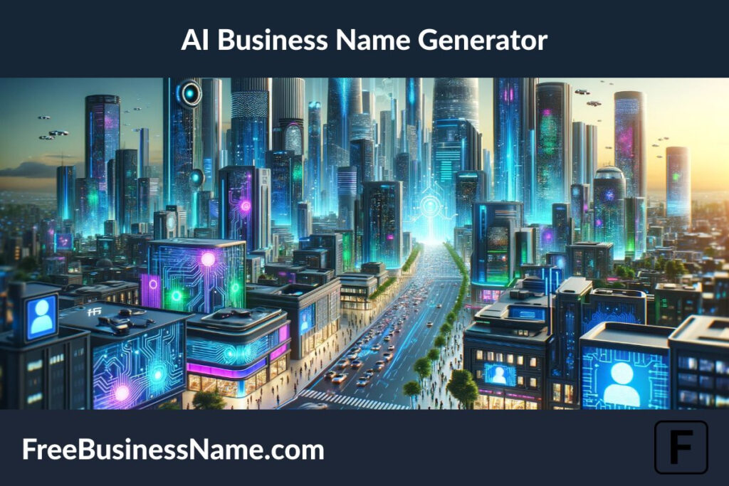 the image inspired by the AI Business Name Generator, portrayed in a futuristic, high-tech cityscape. This image captures the essence of AI-driven innovation and entrepreneurship.