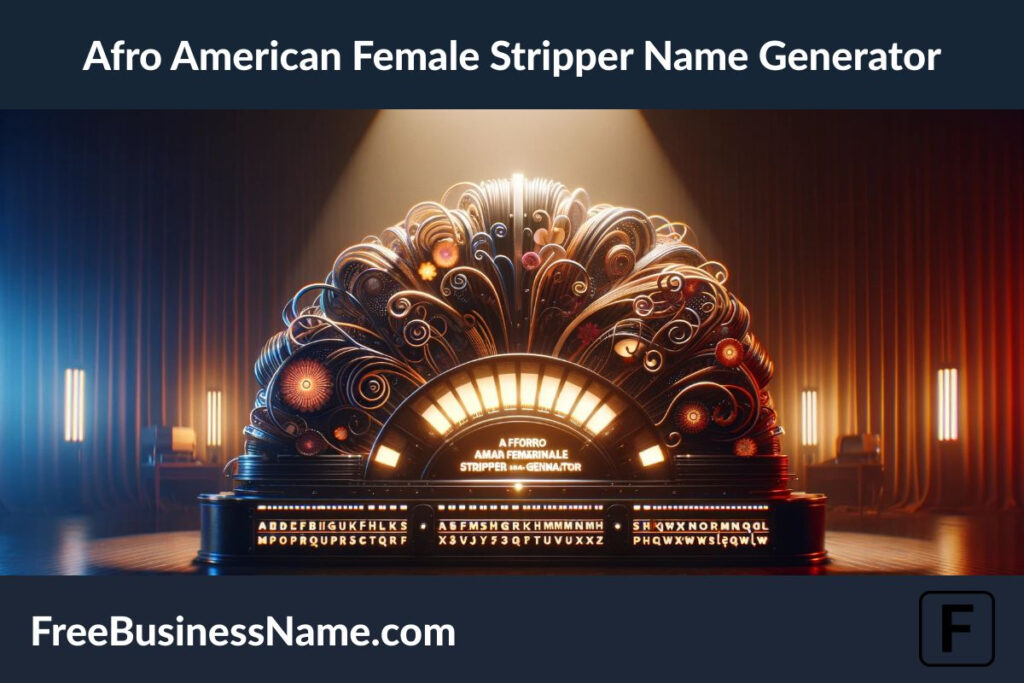 Here is the cinematic, widescreen image that captures the essence of an 'Afro American Female Stripper Name Generator', crafted in a 16:9 aspect ratio. The scene showcases a large, elegant machine with elements reflecting Afro-American culture and femininity, such as rhythmic, curvy designs and vibrant colors, set in a sophisticated, dimly lit room. A warm, inviting spotlight highlights the machine's artistic and culturally rich design, focusing on its graceful and powerful elements.