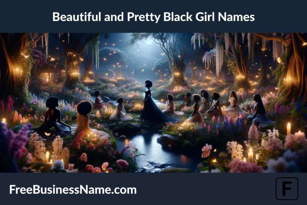 the cinematic image inspired by the themes of beauty and elegance, showcasing a serene enchanted garden scene with a group of Black girls radiating grace and beauty.
