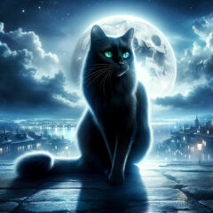 a cinematic image inspired by black cat names. The scene features a mysterious and elegant black cat with vivid green eyes, perched gracefully on a rooftop overlooking a moonlit cityscape. The magical, cinematic atmosphere is created with shades of blue and silver, highlighting the cat's silhouette against the city lights and the full moon.