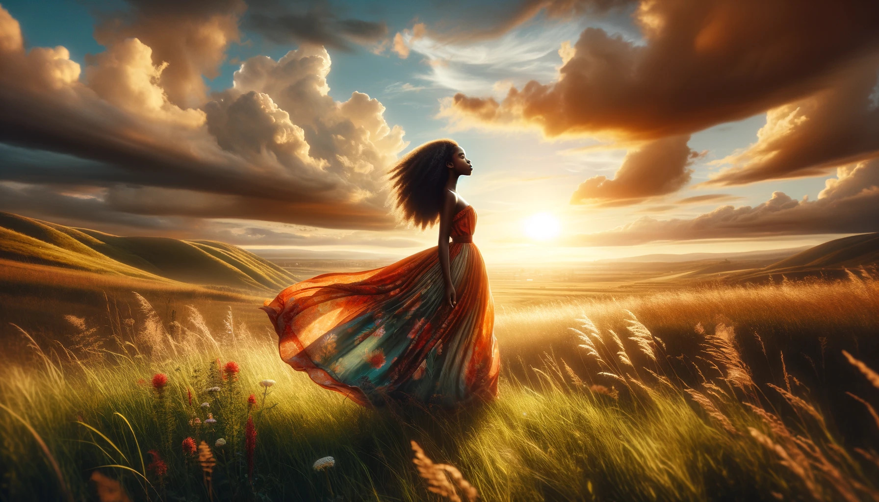 the cinematic image inspired by the concept of a young Black girl in a serene and uplifting setting. The scene captures a moment of joy and tranquility.