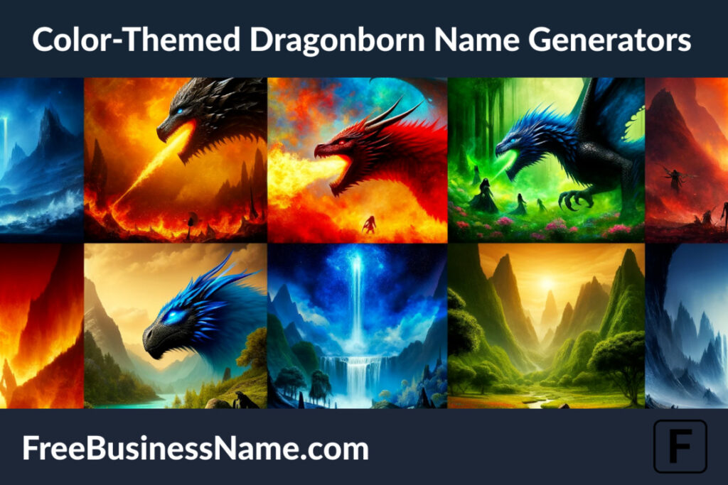 a cinematic portrayal of the concept of Color-Themed Dragonborn Name Generators, featuring dragonborn figures in various vibrant hues, each embodying the strength and mystical nature of dragonborn with colors representing different elemental powers or traits.