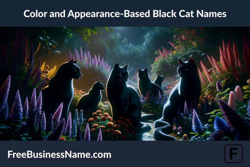 a cinematic image inspired by color and appearance-based black cat names. The scene showcases a variety of black cats, each with unique features and fur textures, set in a lush, moonlit garden. The serene atmosphere is highlighted by the interplay of light and shadow, emphasizing the cats' distinct beauty.