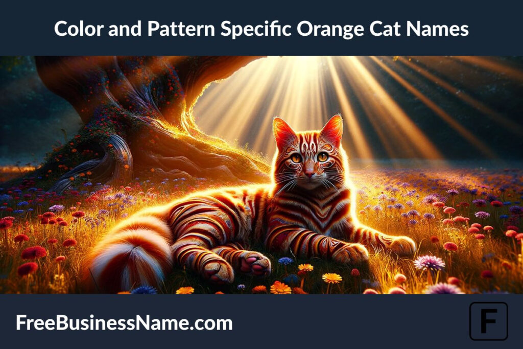 a cinematic image capturing the essence of color and pattern specific orange cat names. The scene features a multi-patterned orange cat lounging in a sunlit meadow, surrounded by wildflowers and bathed in warm sunlight.