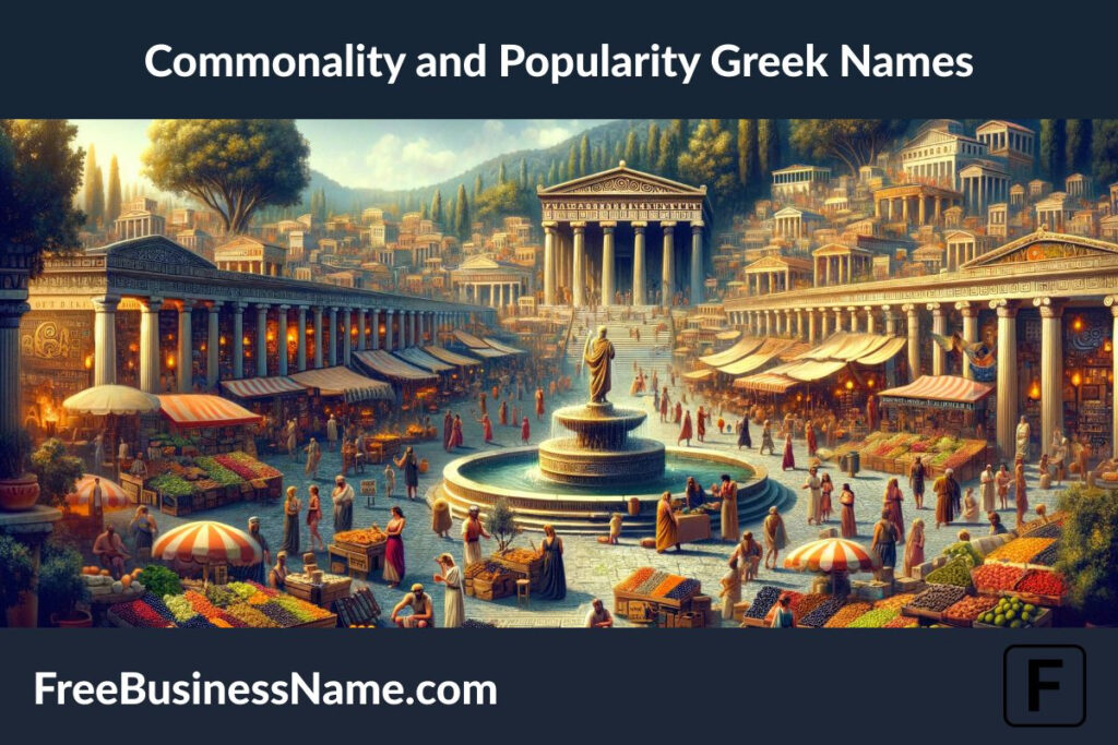The cinematic image has been crafted to symbolize the commonality and popularity of Greek names through a scene of a vibrant ancient Greek agora.