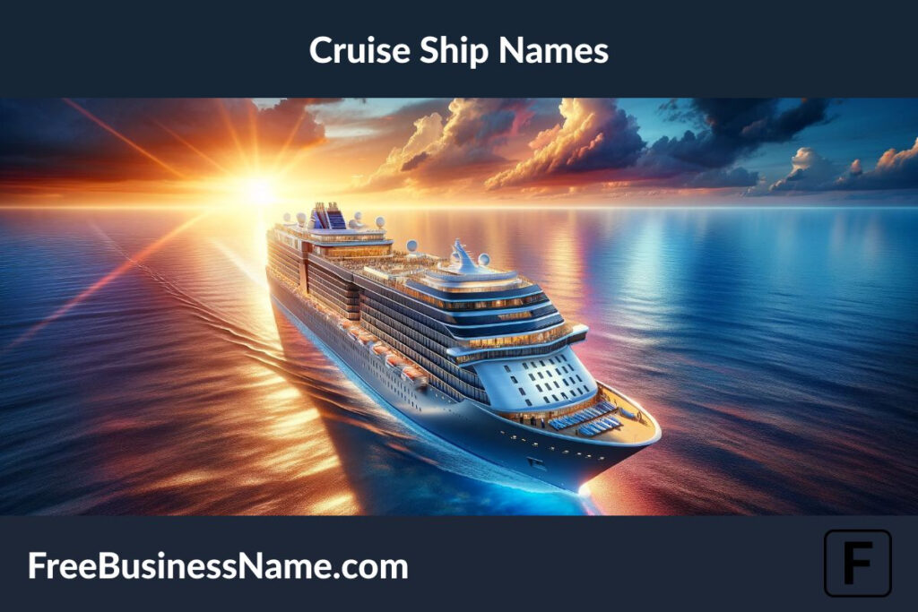 an image showcasing a luxurious cruise ship sailing on the open ocean at sunset, designed to capture the essence of adventure and luxury without using any letters, numbers, or names.