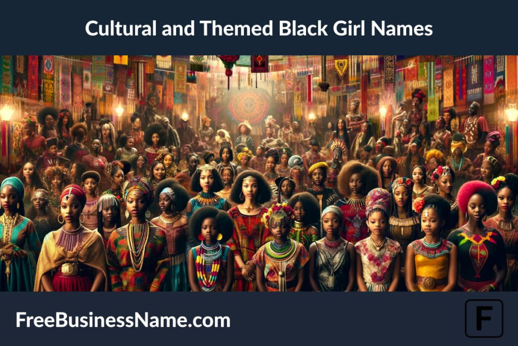 the cinematic image that reflects the richness of cultural and themed names for Black girls, portraying a vibrant, multicultural festival setting.