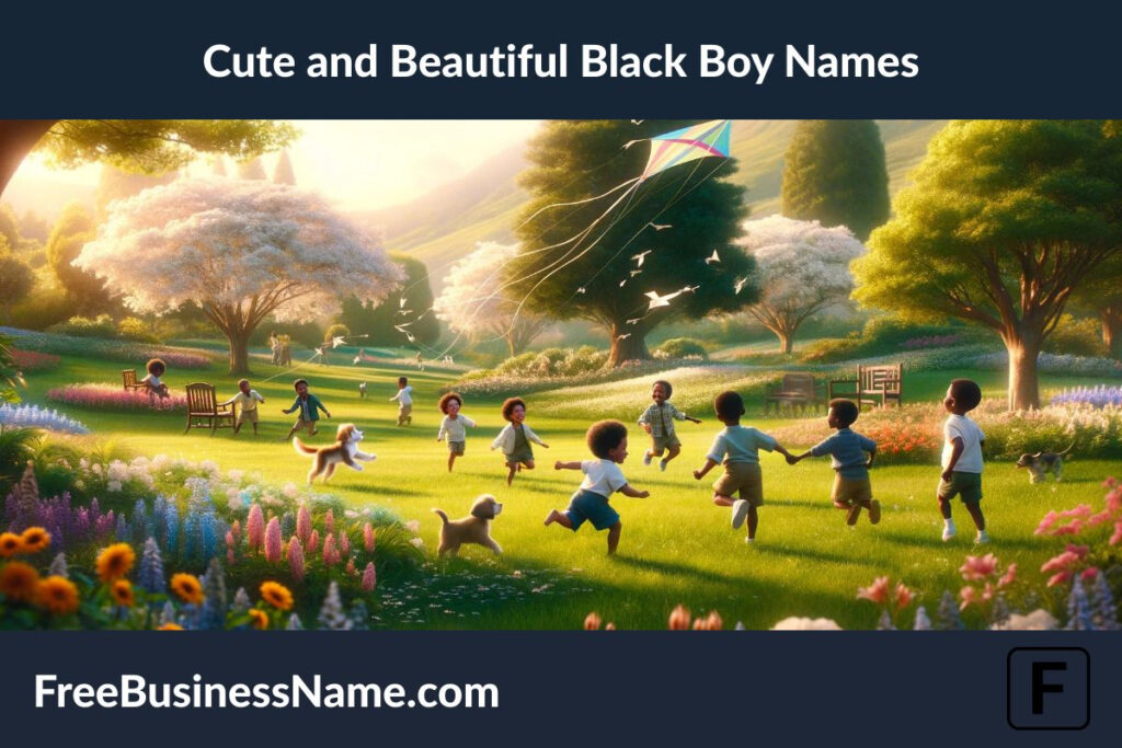 the cinematic image inspired by the theme of 'Cute and Beautiful Black Boy Names', set in a picturesque park during spring.