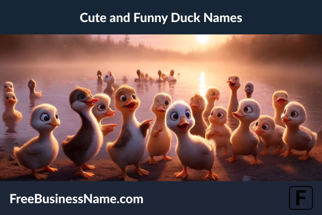 The image has been crafted, inspired by the theme of cute and funny duck names, depicted in a whimsical morning scene. Enjoy exploring the playful antics and charming personalities of the ducks!