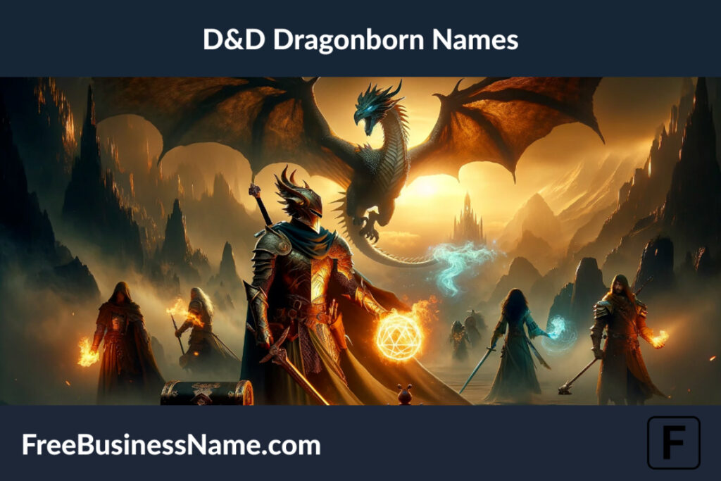 a cinematic portrayal of the concept of Dungeons & Dragons (D&D) Dragonborn Names, capturing the essence of dragonborn characters in the D&D universe with a rich fantasy setting.