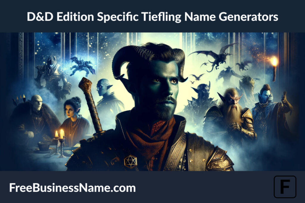 a cinematic portrayal of the concept of Dungeons & Dragons (D&D) Edition Specific Tiefling Name Generators, capturing the essence of Tiefling characters specific to different D&D editions in a mystical fantasy environment.