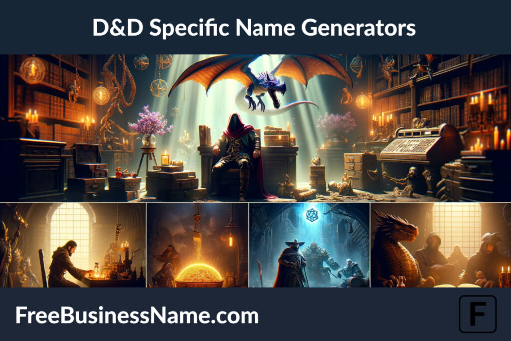 a cinematic portrayal of the concept of Dungeons and Dragons (D&D) specific name generators, capturing the essence of D&D's rich fantasy world with scenes representing diverse characters and settings.