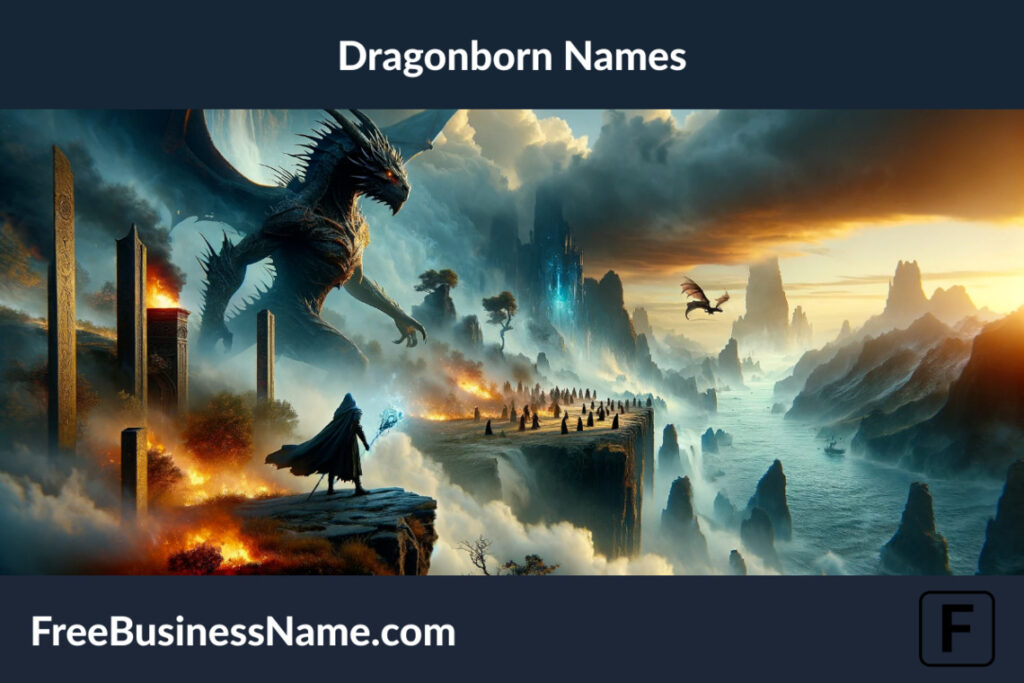 a cinematic portrayal of the essence of Dragonborn Names, capturing the majestic and mystical qualities of dragonborn characters in various powerful and mythical scenes.