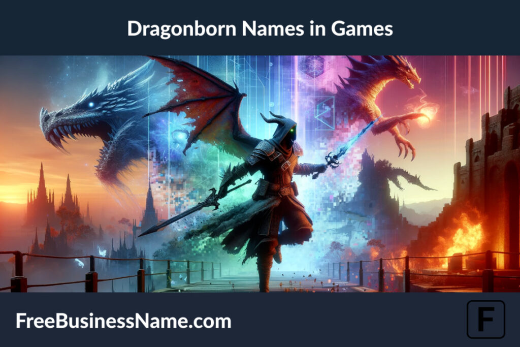 a cinematic portrayal of the concept of Dragonborn Names in Games, capturing the essence of dragonborn characters in a setting that combines fantasy and gaming elements.