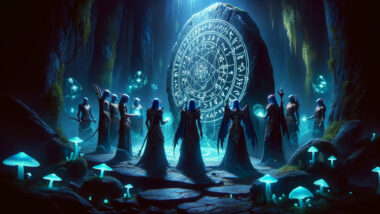 The image capturing the essence of a Drow Name Generator, set in a mysterious underground realm, has been generated. It visually portrays the dark beauty and mystique of the Drow culture as they gather around an ancient, rune-etched stone circle, without including any explicit letters, numbers, or names.