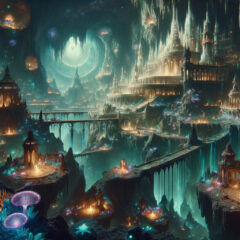 a cinematic image that captures the essence of a mysterious and enchanting underground Drow city, illuminated by magical glowing fungi and crystal formations. The intricate architecture and ethereal atmosphere of this subterranean world are vividly portrayed, offering a glimpse into the beauty and mystique of the Drow civilization.