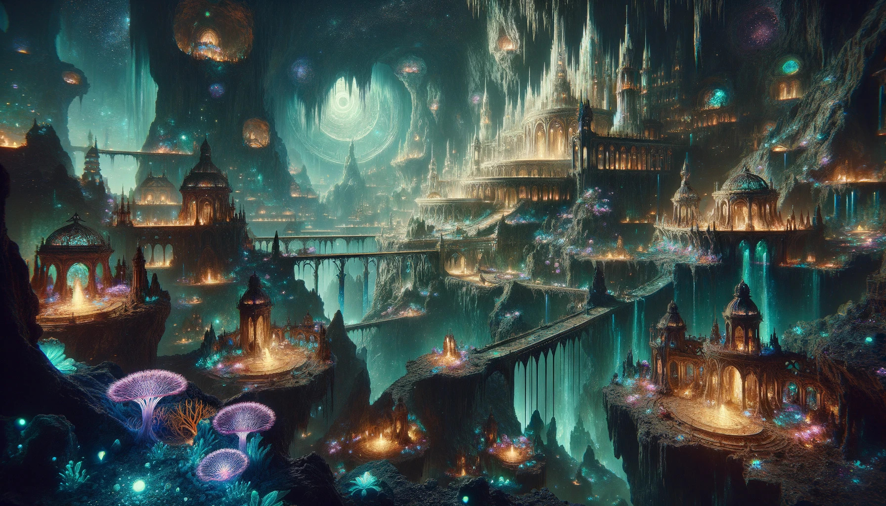 a cinematic image that captures the essence of a mysterious and enchanting underground Drow city, illuminated by magical glowing fungi and crystal formations. The intricate architecture and ethereal atmosphere of this subterranean world are vividly portrayed, offering a glimpse into the beauty and mystique of the Drow civilization.