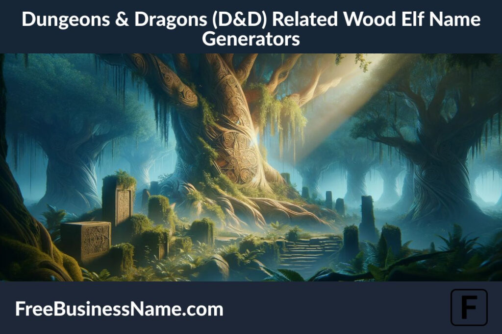 a cinematic image capturing the essence of a Dungeons & Dragons (D&D) related Wood Elf Name Generator, set in a mystical and enchanting forest. The image reflects a magical ambiance typical of a D&D setting.