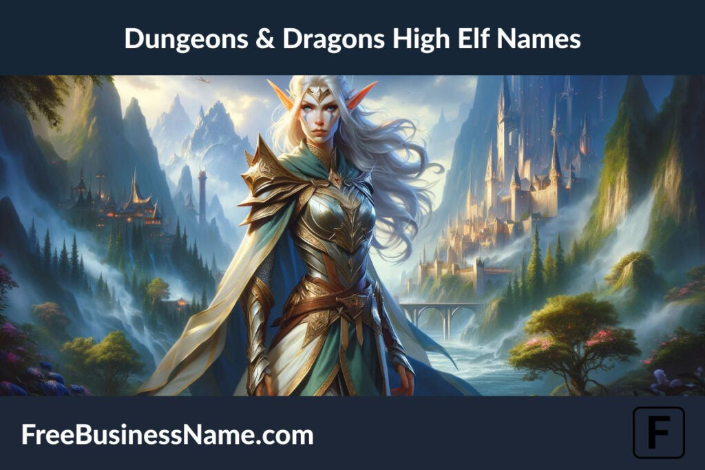the image of a high elf inspired by the Dungeons & Dragons universe, set in a breathtaking fantasy landscape that embodies the adventurous and magical spirit of D&D.