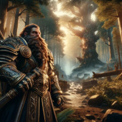 Here's the cinematic image of a dwarf at the edge of an ancient forest, as requested. The scene captures the essence of a high fantasy world, filled with adventure and mystery.