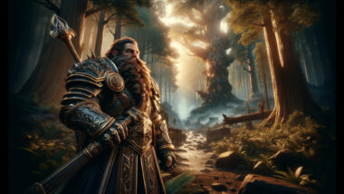 Here's the cinematic image of a dwarf at the edge of an ancient forest, as requested. The scene captures the essence of a high fantasy world, filled with adventure and mystery.
