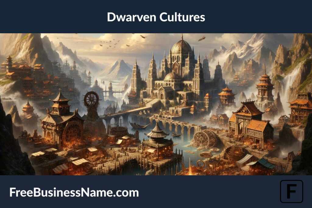The image capturing the essence of dwarven cultures in a fantasy setting has been created, showcasing their traditions, crafts, and way of life through a detailed and atmospheric scene.