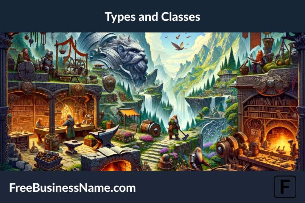 The image depicting the various types and classes of dwarves in their respective environments has been created. It visually communicates the diversity and expertise of dwarven culture within a fantasy setting, without the use of any names or text.