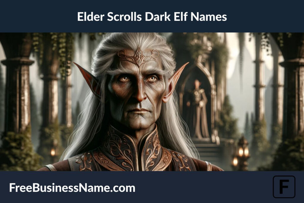 the cinematic image of an elder dark elf in a fantasy setting. The image captures the wisdom, dignity, and mystique associated with an elder dark elf, set against a backdrop that evokes ancient history and magic.