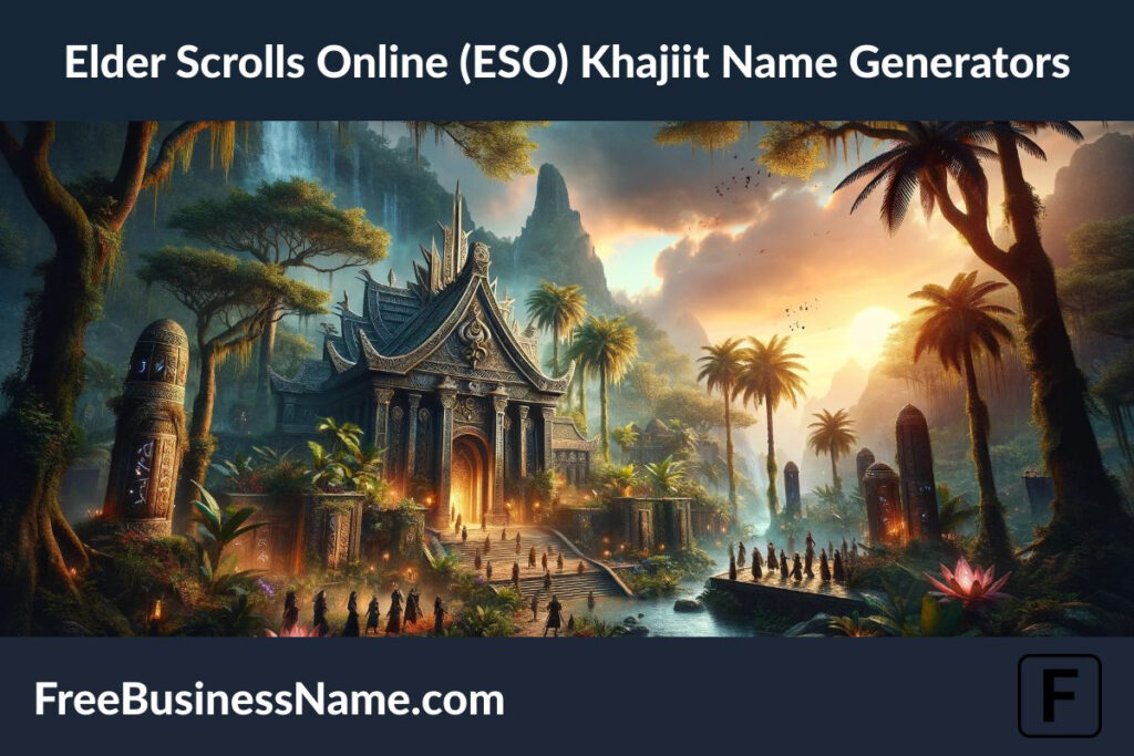 Here is the cinematic image inspired by the theme of Elder Scrolls Online (ESO) Khajiit Name Generators, set in a fantastical landscape. The scene captures the mystical and adventurous spirit of the Khajiit race in the world of ESO.