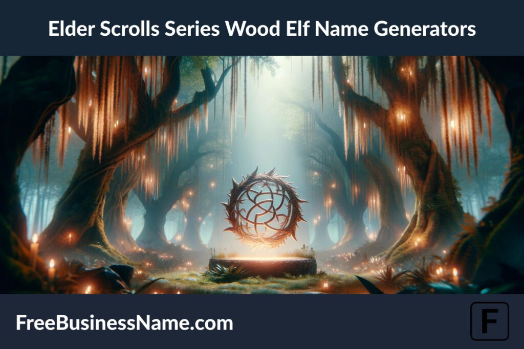 the cinematic image inspired by the Elder Scrolls series, focusing on the theme of a Wood Elf Name Generator. The scene captures the enchanting and otherworldly atmosphere typical of the Elder Scrolls fantasy world.