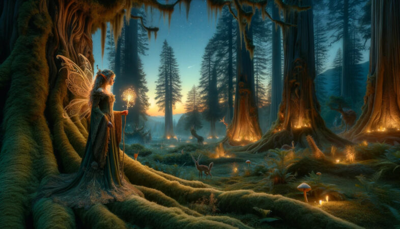 a cinematic image based on your request, featuring an elegant elf at the edge of a mystical forest. The atmosphere is serene and enchanting, capturing a world of wonder and magic. Feel free to explore this fantasy scene.