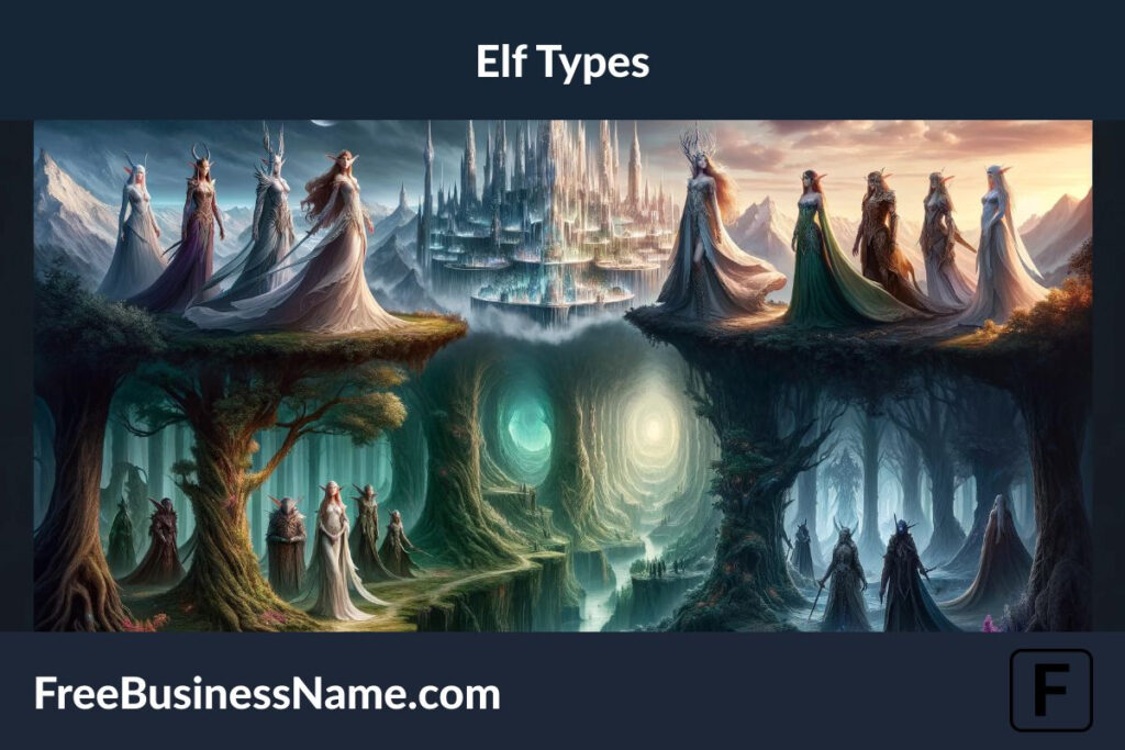 a cinematic image showcasing the diverse types of elves in their unique environments, from the majestic high elves in their gleaming cities, to the harmonious wood elves in lush forests, and the enigmatic dark elves emerging from underground caverns. This panorama captures the magical essence of the elfin world at twilight.