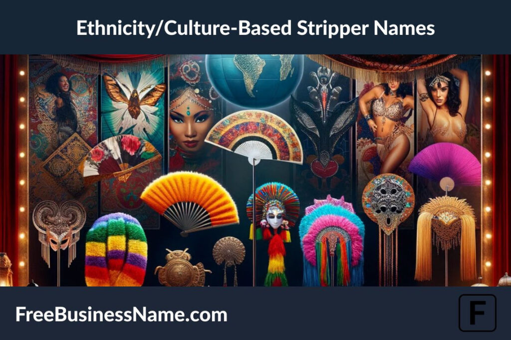 Here is a cinematic image that captures the theme of ethnicity/culture-based stripper names, showcasing various cultural elements and symbols.