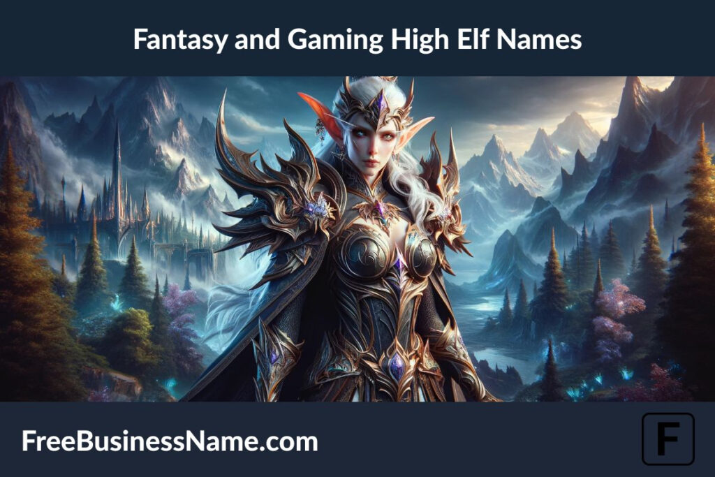 the image of a high elf character inspired by fantasy and gaming themes, set in a grand, mystical landscape that reflects the vast and magical worlds often seen in fantasy gaming scenarios.