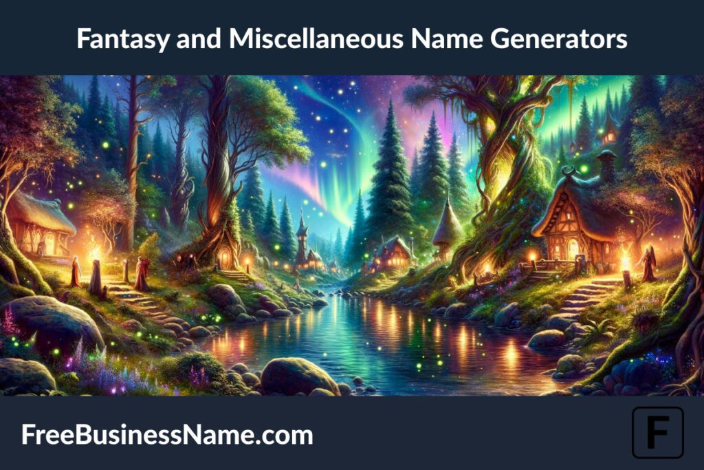 The cinematic image capturing the essence of Fantasy and Miscellaneous Name Generators is ready, illustrating a magical scene where an enchanted forest borders a mystical village. This artwork is designed to spark the imagination, perfect for inspiring the creation of names for characters, places, and artifacts in a fantasy world.
