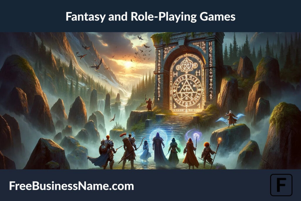 an epic scene from a fantasy role-playing game world. It features a diverse group of adventurers ready to embark on a quest, standing at the brink of an ancient, rune-covered gateway. This image embodies the spirit of adventure and the essence of fantasy and role-playing games.