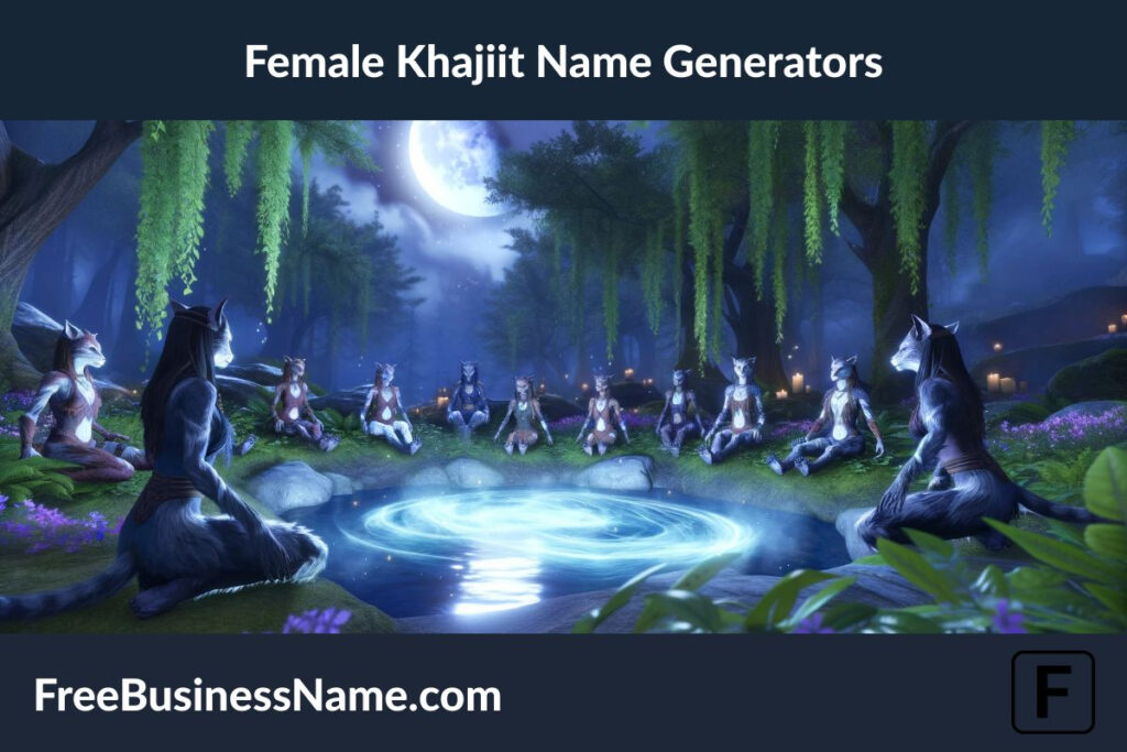 Here are the cinematic images inspired by the concept of Female Khajiit Name Generators, set in a mystical Elder Scrolls-inspired environment. These scenes capture the tranquil and magical essence associated with female Khajiit.